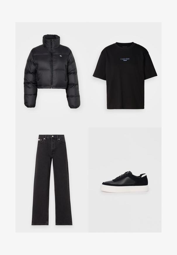 Black cropped puffer jacket with high collar, zip closure, and branded logo on the chest; features puffy quilted design and side pockets.; Black cotton t-shirt with a round neck, short sleeves, and blue embroidered "Calvin Klein JEANS" logo on the front.; Black wide-leg jeans made of denim, featuring a high-rise waist, five-pocket styling, and a metal button closure with contrasting stitching.; Black sneaker with smooth leather and suede panels, flat laces, rounded toe, and a white rubber sole. Distinct logo on the heel.