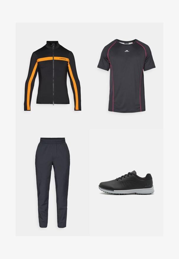 J.LINDEBERG Sports JARVIS MID LAYER - Sportinė striukė - persimmon orange; Juodas, trumpomis rankovėmis sportinis marškinėlis pagamintas iš sintetinio audinio, su rožinėmis kontrastingomis siūlėmis ir mažuoju baltu logotipu priekyje, centre.; Jūros mėlynos tapered tipo kelnės, pagamintos iš minkštos medžiagos, su elastingu juosmeniu, šoninėmis kišenėmis ir lygia tekstūra su subtiliais siuvinėjimo akcentais.; Juodos sintetinės golfo bateliai su tekstūruotu paviršiumi, raištelių užsegimu ir pilku padu, kuriame yra spygliai sukibimui.