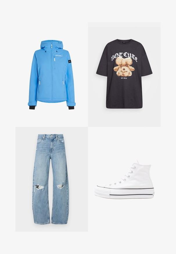 Jasnoniebieska wodoodporna kurtka z zamkiem z przodu, regulowanym kapturem i wieloma kieszeniami. Posiada czarne mankiety i logo na klatce piersiowej.; Czarny, oversize t-shirt z grafiką niedźwiedzia i napisem „NIE UROCZY, ALE DZIKI” w grubej, białej czcionce. Materiał bawełniany.; Jasnoniebieskie, wysokiej talii dżinsy wykonane z denimu. Posiadają szerokie nogawki, dwa podarte miejsca na kolanach oraz klasyczne pięć kieszeni.; Białe wysokie trampki z płótna z czarną gumową podeszwą, przednim czubkiem z gumy i sześcioma dziurkami na sznurowadła, charakteryzujące się prostym, minimalistycznym designem.
