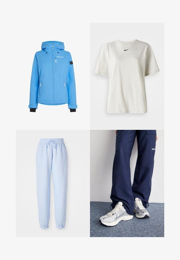 Chaqueta impermeable de color azul claro con cremallera en el frente, capucha ajustable y múltiples bolsillos. Presenta puños negros y un logo en el pecho.; Camiseta de algodón blanca con cuello redondo y mangas cortas. Presenta un pequeño logotipo negro de Nike en el pecho. Diseño sencillo y sin adornos.; Pantalones de chándal azul claro con cintura elástica y cordón. Presentan un pequeño logo de Nike en el costado y están ajustados en los puños.; Zapatillas deportivas Nike con parte superior de malla plateada, acentos blancos y suelas texturizadas, combinadas con pantalones azul marino de corte holgado.