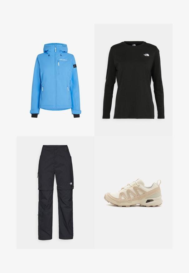 Šviesiai mėlynas vandeniui atsparus paltas su užtrauktuku priekyje, reguliuojama kapišonu ir keliomis kišenėmis. Yra juodi rankogaliai ir logotipas ant krūtinės.; Juodas ilgomis rankovėmis medvilninis marškinėliai su apvali apykakle. Savybė - mažas baltas logotipas kairėje krūtinės pusėje. Paprastas dizainas ir pritaikymas.; Juodos nailoninės krovinių kelnės su reguliuojamais rankovėmis, daugybe kišenių ir logo ant dešinės kojos. Lygi, lengva tekstūra.; Bežinės ir kreminės spalvos sportinės bateliai su tekstūruoto tinklelio viršutine dalimi, palaikančiomis detalėmis ir guminiais padais, turinčiais raštą, užtikrinantį sukibimą.