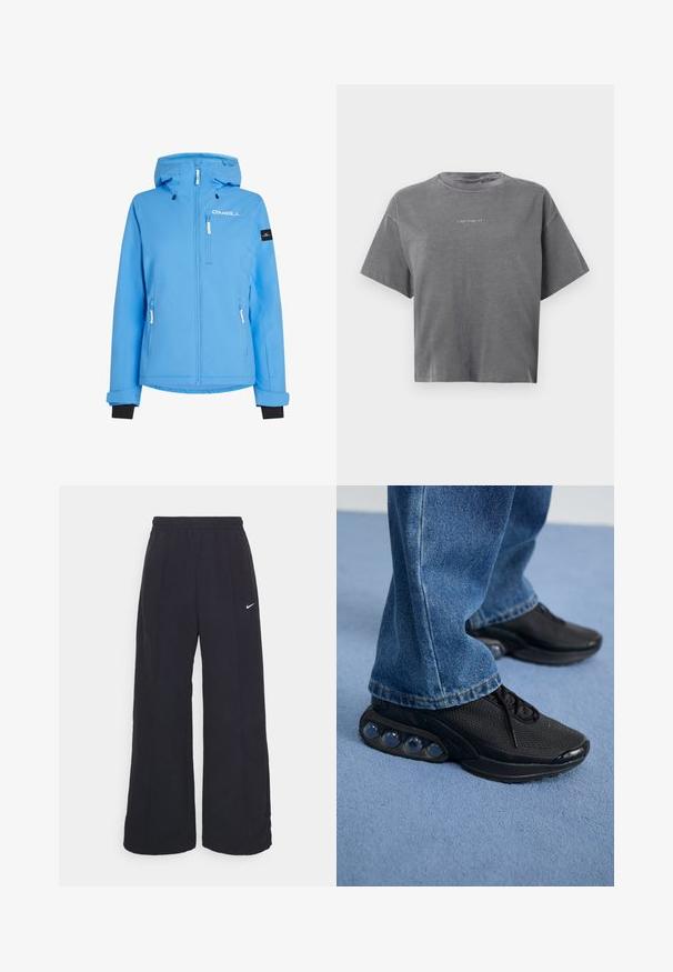 Hele sinine veekindel jakk, millel on lukuga eesmine osa, reguleeritav kapuuts ja mitmed taskud. Omab musta varrukat ja rinnal logo.; Hallist lühikeste varrukatega lühikeses T-särgis, millel on ümar kaelus ja väike keskel asuv valge "carhartt" logo ees.; Mustad laiad mustad püksid, millel on elastne vöökoht ja väike valge Nike logo. Kanga tekstuur on sile, disainitud mugavuseks ja igapäevaseks kandmiseks.; Mustad mustandid jooksujalatsid, millel on võrkmaterjalist ülemine osa, tekstuuriga detailid ja nähtavad õhkpadjad tallas. Kandmine siniste teksadega.