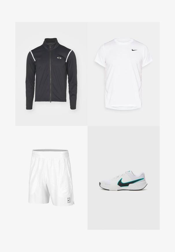 Svart glidelåsjakke laget av mykt stoff, med høy krage, hvite detaljer på skuldrene, og en liten logo på venstre bryst.; Hvit T-skjorte med kort erm fra Nike laget av glatt syntetisk materiale, med en svart logo på venstre side av brystet.; Hvite treninger med elastisk midjebånd, to sidelommer og en liten svart logo detalj på den nedre fronten. Glatt tekstur.; Hvit atletisk sko med teksturert mesh-overdel, svart gummisåle og teal Nike swoosh-detalj. Har snøring og polstret krage.