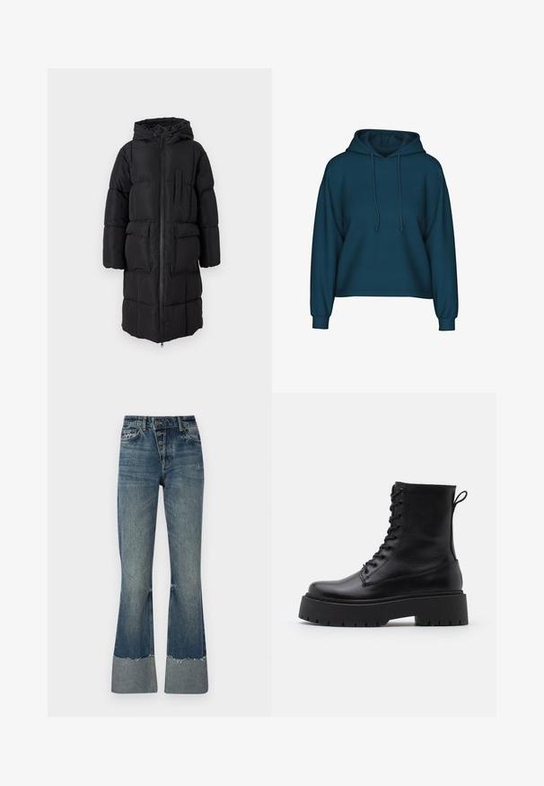 Casaco puffer preto com capuz, apresentando um fecho de correr de comprimento total, dois bolsos frontais grandes e um bolso no peito. Tecido suave e design acolchoado.; Sweatshirt azul-esverdeado com capuz ajustável, mangas compridas e punhos canelados. Feito de tecido macio com um corte relaxado.; Jeans de ganga à boca de sino em azul médio com cintura alta, cinco botões e bainha desfiada. Apresenta uma punho mais claro na parte inferior e textura desbotada.; Botas de couro pretas até ao tornozelo, com bico redondo, atacador na frente e uma sola de borracha espessa com um padrão texturizado. Alça na parte de trás.