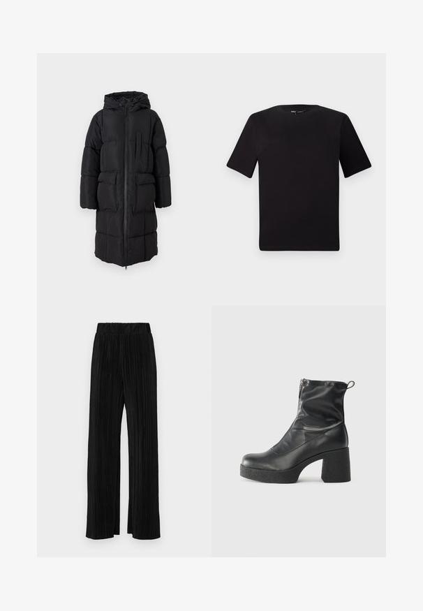 Casaco puffer preto com capuz, apresentando um fecho de correr de comprimento total, dois bolsos frontais grandes e um bolso no peito. Tecido suave e design acolchoado.; T-shirt preta de mangas curtas com decote redondo, feita de tecido de algodão suave. Design simples, sem logótipos ou padrões visíveis.; Calças pregueadas pretas com uma cintura elástica. Apresentam pernas largas e um tecido liso, texturizado com riscas verticais.; Botas de tornozelo pretas feitas de couro liso, com fecho lateral, salto grosso texturizado e design de bico arredondado.