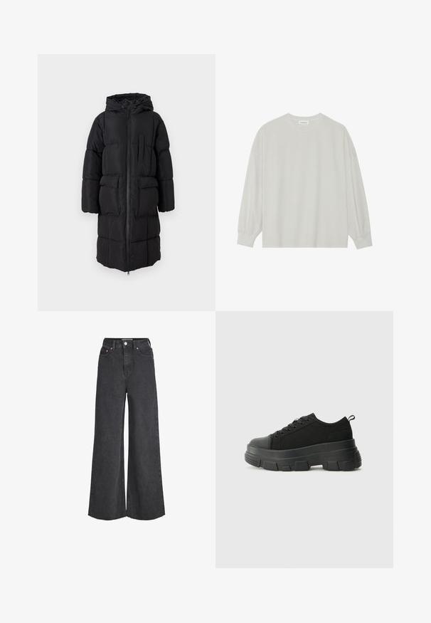 Svart puffjacka med huva, som har en fullängdsdragkedja, två stora framfickor och en bröstficka. Slät tyg och quiltad design.; Ljusgrå långärmad t-shirt i mjuk bomull. Har en lös passform, rund halsringning och lätt rynkade ärmslut. Utan mönster eller grafik.; Högmidjade svarta vida jeans med framknapp och dragkedja, fem fickor och rå kantdetalj.; Svarta sneakers med en kraftig gummisula, texturerad tygöverdel, rund tå och snörning. Har förstärkta öglor och dragflik bak.