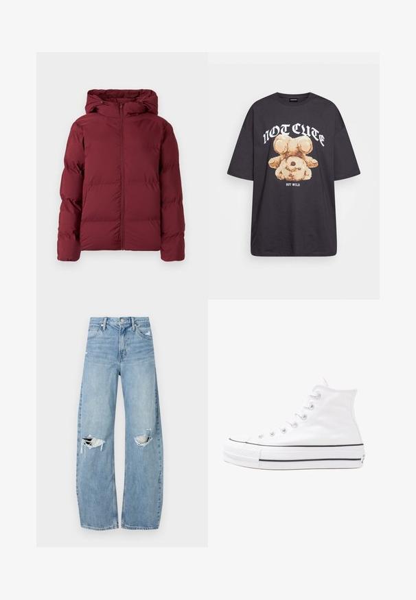 Bordeaux fôretjakke med frontglidelås og hette, designet for varme og beskyttelse mot kaldt vær, vist på hvit bakgrunn.; Svart oversized t-skjorte med en grafikk av en bjørn og teksten "IKKE SØT, MEN VILL" i fet, hvit skrift. Laget av bomull.; Lyseblå høytlivsjeans laget av denim. Har vide bein, to revne knær og klassisk fem-lommers design.; Hvit høy-skinn kanvas sneakers med svart gummisåle, gummitåhette foran og seks hull for snorer, med et rent, minimalistisk design.