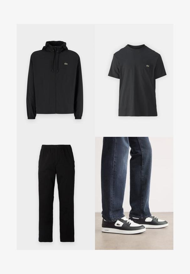 Svart zip-jacka med huva, tillverkad av lätt material. Har elastiska muddar och en liten grön logotyp på vänster bröst.; Svart bomullströja med korta ärmar, rund halsringning och en liten grön logotyp på vänster bröstficka. Enkelt mönster, vanlig passform.; Svarta byxor i en blandning av bomull, med rak passform, elastisk midja med knapp och utan synliga mönster eller accenter.; Svarta och vita Lacoste-sneakers med en texturerad läderövre, med snörningsdesign och en vit gummisula. Bärs med mörka jeans.