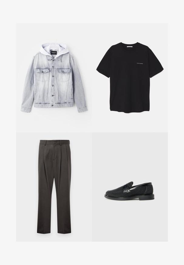 Veste en denim gris clair avec une capuche grise. Elle possède deux poches poitrine, une fermeture à boutons sur le devant et une coupe légèrement courte. Texture douce.; T-shirt en coton noir avec un col rond, des manches courtes et un logo blanc imprimé sur la poitrine gauche. Design simple, couleur unie.; Pantalon gris foncé en tissu texturé, avec une taille plate, des plis, des jambes droites et des passants de ceinture. Pas de quincaillerie ni de motifs visibles.; Chaussure slip-on tissée noire avec un accent en cuir lisse sur le dessus, un design à bout rond et une semelle en caoutchouc à profil bas.