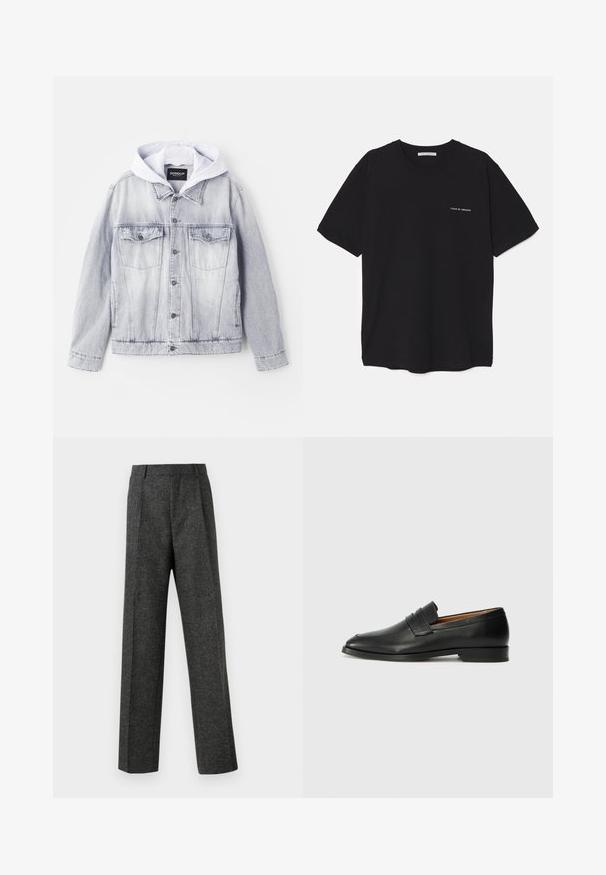 Valkoinen farkkutakki vaalean harmaalla hupulla. Varustettu kahdella rintataskulla, nappirivillä ja hieman lyhennetty malli. Pehmeä tekstuuri.; Musta puuvillapaita, jossa on pyöreä kaula-aukko, lyhyet hihat ja valkoinen logopainatus vasemmassa rinnassa. Yksinkertainen, tasavärinen design.; Harmaat räätälöidyt housut, jotka on valmistettu teksturoidusta kankaasta, ja niissä on kaksi etutaskua ja suora lahjemuoto. Ei näkyviä taskuja tai koristeluja.; Musta nahkainen loafer, jossa on pyöreä kärki, hienovarainen ommelkoristelu ja matala korko, joka on varustettu sileällä pinnalla ja minimalistisella designilla.