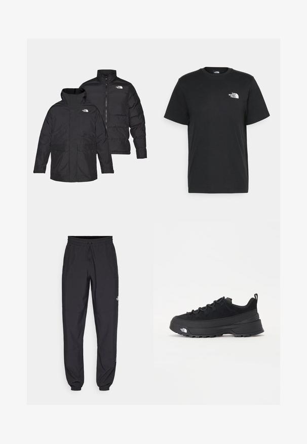 Chándal reversible negro de The North Face con cremallera frontal, cuello alto y dos bolsillos frontales, mostrado desde vistas frontal y trasera.; Camiseta de algodón negro con mangas cortas, cuello redondo y un pequeño logo blanco en el lado izquierdo del pecho. Diseño simple, textura suave y ajuste relajado.; Pantalones deportivos negros hechos de un tejido ligero, con una cinturilla ajustable, bolsillos laterales y puños ajustados en los tobillos.; Zapatilla negra de exterior con parte superior de ante, suela de goma texturizada y un sólido sistema de cordones. Cuenta con un talón reforzado y el logotipo de la marca en el lateral.