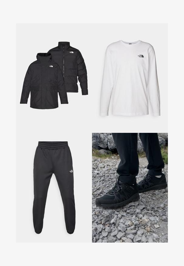Černá reverzibilní bunda The North Face se zipem vpředu, vysokým límcem a dvěma předními kapsami, zobrazená z přední a zadní strany.; Bílý dlouhý rukáv tričko vyrobené z bavlny s kulatým výstřihem. Na hrudi se nachází malé černé logo. Hladká textura, běžný střih.; Černé tepláky s nastavitelným pasem, zúženým střihem, elastickými manžetami a malým bílým logem na levém stehně, vyrobené z hladké tkaniny.; Černé venkovní boty z prodyšného a syntetického materiálu, s texturovaným svrškem, bezpečným šněrovacím systémem a robustní podrážkou, na skalnatém terénu.
