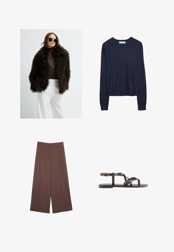 Giacca in finta pelliccia marrone con un'esterno voluminoso e testurizzato. Abbinata a un dolcevita marrone aderente e pantaloni bianchi. Occhiali da sole scuri completano il look.; Maglione lavorato a maglia blu navy con scollatura rotonda e maniche lunghe, caratterizzato da un orlo leggermente accorciato e polsini a coste per un tocco di texture.; Pantaloni ampi marroni con una texture liscia, caratterizzati da una vita alta e pieghe frontali. Il tessuto è leggero e scorre liberamente.; Sandal in pelle marrone con cinturini incrociati, chiusura con cinturino alla caviglia e suola piatta con dettagli di cucitura minimi.