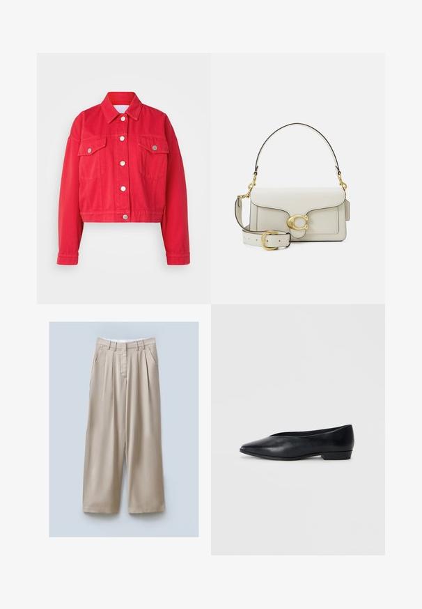 Rød cropped denimjakke med krave, lange ærmer og to forlommer. Har sølvknapper og en glat overflade.; Hvid skjorte med knapper, spids krave, lange ærmer og et lille blåt logo på venstre bryst. Fremstillet af bomuldsstof.; Beige brede bukser med tekstureret finish, der har to sidelommer, frynsede detaljer foran og en taljeelastik for en sikker pasform.; Sorte læder flade sko med spids tå, let hævet hæl og glat overflade. Simpelt design uden synligt hardware eller mønstre.; Hvid læderhåndtaske med gulddetaljer, der har en klaplukning og en aftagelig, justerbar rem. Rundet metalaccent i midten.