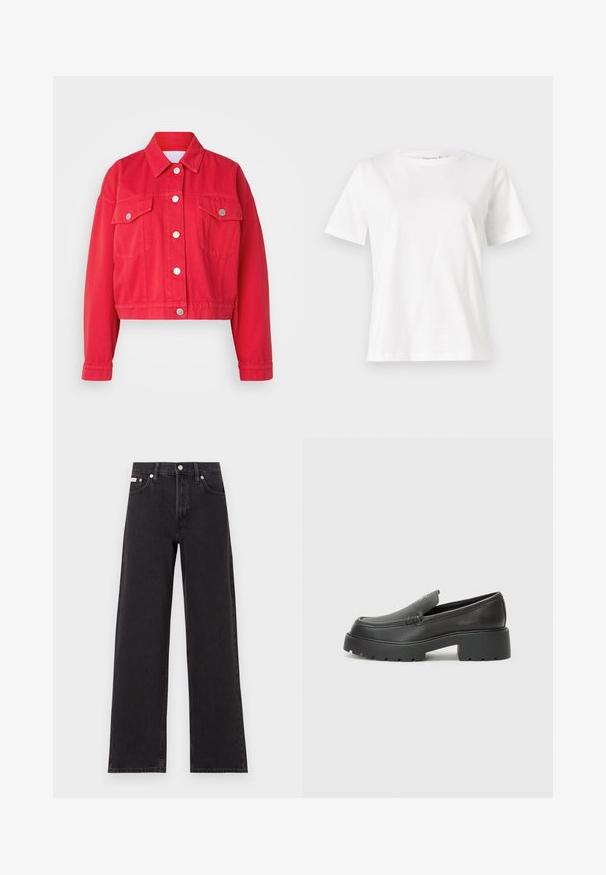 Rote, kurze Jeansjacke mit Kragen, langen Ärmeln und zwei Vorderaschen. Mit silbernen Knöpfen und glatter Textur.; Weißes Baumwoll-T-Shirt mit kurzen Ärmeln, Rundhalsausschnitt und lockerer Passform. Glatte Textur, keine Muster oder Akzente, minimalistisches Design.; Schwarze weit geschnittene Jeans aus Denim mit einem hoch sitzenden Bund, fünf Taschen und einem Metallknopfverschluss mit kontrastierendem Nähte.; Schwarze Lederloafer mit einer abgerundeten Spitze, dicker strukturierten Laufsohle und minimalen Nähten. Schlankes Design ohne sichtbare Schnürsenkel oder Beschläge.