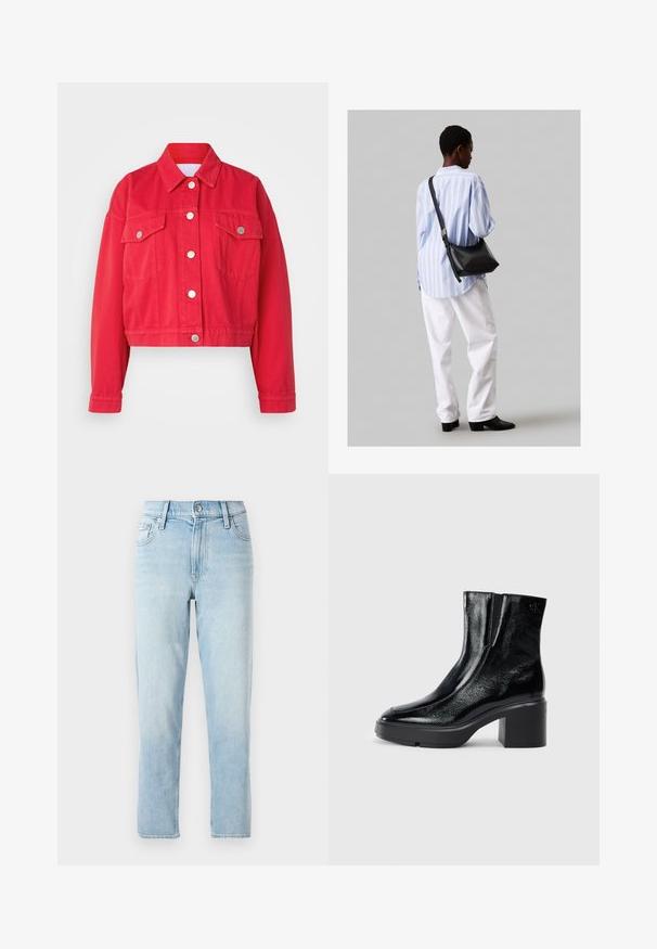 Červená skrátená džínová bunda s golierom, dlhými rukávmi a dvoma prednými vreckami. Má strieborné gombíky a hladkú textúru.; Čierne bavlnené tričko s krátkymi rukávmi, klasickým výstrihom a malým bielym logom "Calvin Klein" na hrudi. Hladká textúra, klasický strih.; Svetlo modré džíny z denimu, rovný strih, stredne vysoký pás, s piatimi vreckami a zapínaním na gombík vpredu.; Čierne lakované členkové topánky s zakrivenou špičkou, elastickými bočnými panelmi a masívnym blokovým opätkom. S embosovaným logom na zadnej strane.; Čierna kožená ramenná taška so mäkkou textúrou, trojuholníkovým tvarom a nastaviteľným popruhom, skombinovaná s svetlomodrou pruhovanou košeľou a bielymi nohavicami.
