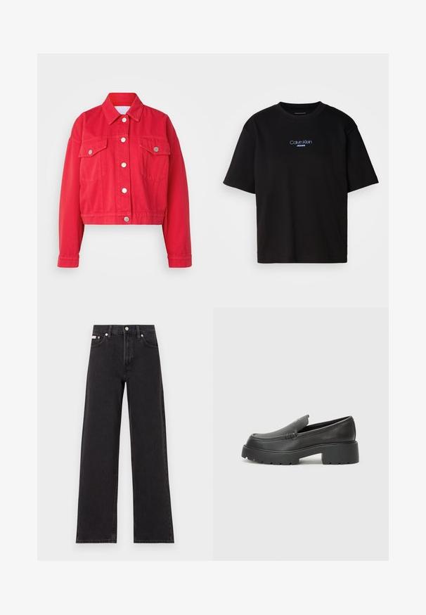 Red cropped denim jacket with a collar, long sleeves, and two front pockets. Features silver buttons and a smooth texture.; Black cotton t-shirt with a round neck, short sleeves, and blue embroidered "Calvin Klein JEANS" logo on the front.; Black wide-leg jeans made of denim, featuring a high-rise waist, five-pocket styling, and a metal button closure with contrasting stitching.; Black leather loafers with a rounded toe, thick textured sole, and minimal stitching details. Sleek design with no visible laces or hardware.