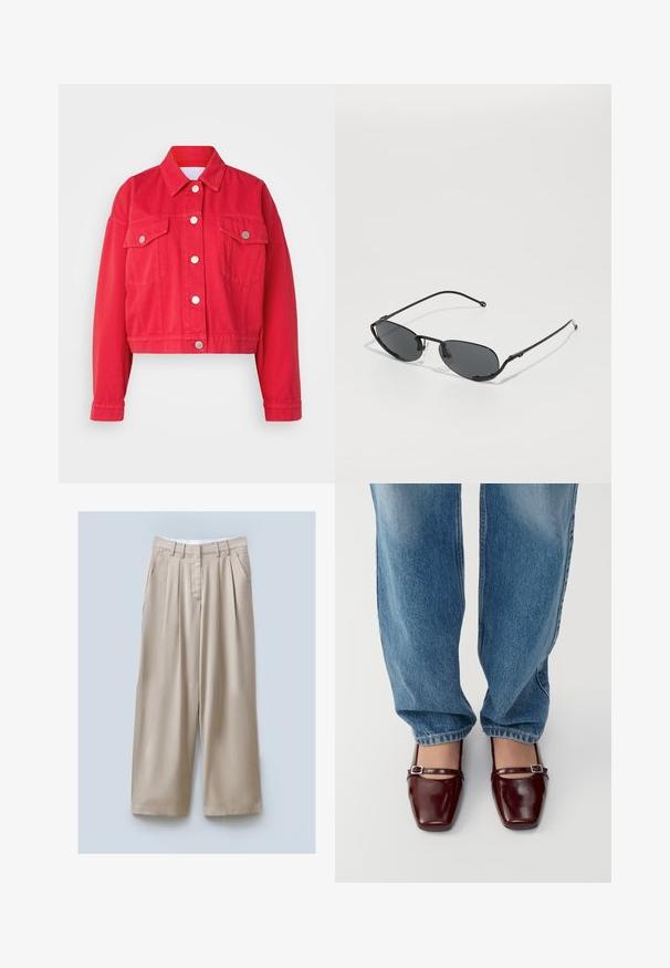 Rote, kurze Jeansjacke mit Kragen, langen Ärmeln und zwei Vorderaschen. Mit silbernen Knöpfen und glatter Textur.; Ärmelloses graues Rollkragenoberteil aus weichem Strickmaterial, mit taillierter Form und hohem Kragen. Glatte Textur mit minimalen Details.; Beige weite Hose mit strukturiertem Finish, ausgestattet mit zwei Seitentaschen, vorderen Falten und einem Bund für einen sicheren Sitz.; Burgunderfarbene Lacklederschuhe mit quadratischer Zehenform und Knöchelriemen, kombiniert mit hellblauen, locker sitzenden Jeans. Die Schuhe haben eine glänzende Oberfläche.; Schwarze Sonnenbrille mit schmalen ovalen Gläsern, dünnen Metallrahmen und verstellbaren Nasenpads. Verfügt über ein elegantes, minimalistisches Design.