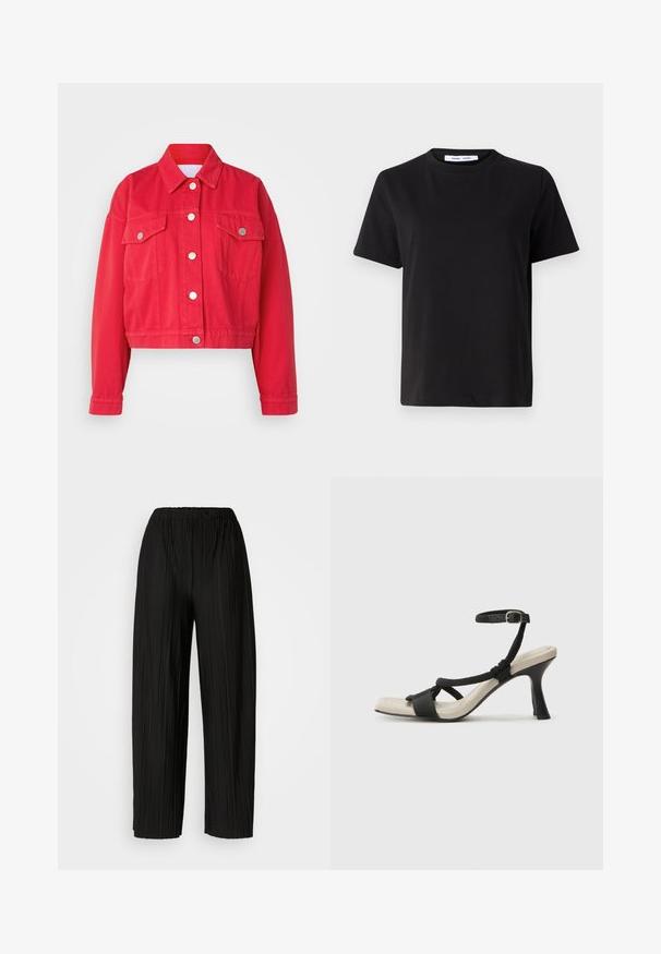 Red cropped denim jacket with a collar, long sleeves, and two front pockets. Features silver buttons and a smooth texture.; Black short-sleeve t-shirt made of soft cotton, featuring a round neckline, relaxed fit, and a smooth texture. No visible patterns or graphics.; Black pleated wide-leg pants with an elastic waistband. The fabric features vertical pleats and a smooth texture.; Black heeled sandal with braided strap design, square toe, and adjustable ankle strap. Light beige footbed with a glossy black heel.