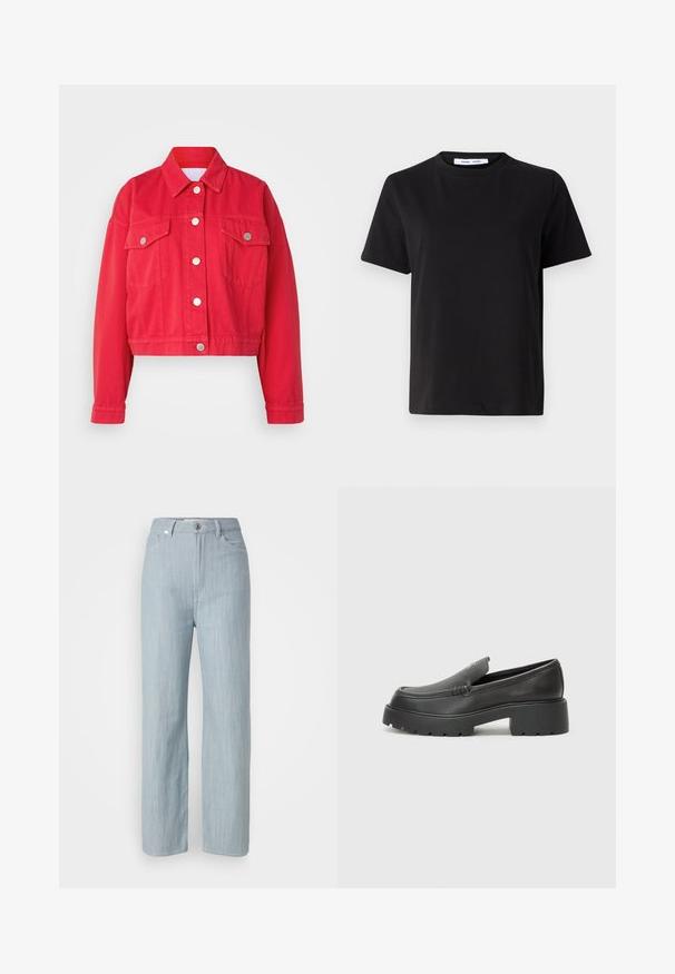 Piros, rövidített farmerdzseki, gallérral, hosszú ujjal és két elülső zsebbel. Ezüst gombokkal és sima textúrával rendelkezik.; Fekete, rövid ujjú póló, puha pamutból készült, kerek nyakkivágással, laza szabással és sima textúrával. Nincs látható minta vagy grafikák.; Világoskék egyenes szárú farmernadrág. Öt zsebbel, fém gombos záródással és finom kopási hatással a textúra érdekében rendelkezik.; Fekete bőr loafer cipők kerek orral, vastag, texturált talppal és minimális varrási részletekkel. Áramvonalas dizájn, látható fűzők vagy fém részek nélkül.