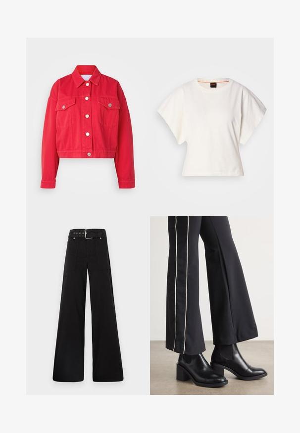 Veste en jean rouge courte avec un col, des manches longues et deux poches avant. Présente des boutons argentés et une texture lisse.; T-shirt blanc cintré, manches courtes et larges, en coton doux, décolleté rond avec une discrète bordure orange, design minimaliste, sans motifs ni graphiques.; Pantalons larges noirs en coton, avec une taille haute, de grandes poches latérales et une taille ceinturée avec des accents en métal argenté.; Bottines en cuir Noir avec un talon bloc, dotées de panneaux élastiques sur les côtés. Associées à un pantalon noir avec une rayure blanche sur le côté.