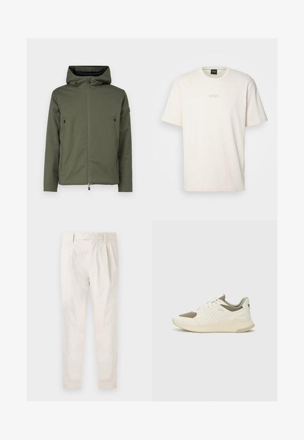 Kaputna jakna u maslinasto zelenoj boji, mekane teksture, s prednjim zipom i dva bočna džepa sa zipom. Minimalistički dizajn s suptilnim akcentima.; BOSS TEE - Osnovna majica kratkih rukava - open white; Bijele, naborane hlače s krojem po mjeri, koje imaju glatku teksturu, petlje za pojas i sužene nogavice. Nema vidljivih džepova ili uzoraka.; Bijele i svijetlosmeđe sportske tenisice, sa mrežastim gornjim dijelom, perforiranim detaljima i teksturiranim međutrakom sa brendom na peti.