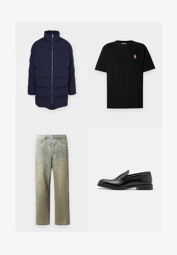 Marinblå puffjacka med hög krage, framzipper och kviltad design. Tillverkad av slät, vadderad tyg med sidofickor.; Svart kortärmad t-shirt med rundad halsringning och liten broderad röd orange rävlogotyp på vänster bröst.; Slitna denimjeans i ljusgröna toner, med rak benprofil, femficksdesign och ojämn blekning med färgsplatter.; Svarta läderloafers med en slät yta, rund tå och ett dekorativt band över främre delen. Låg staplad klack, minimalistisk design.