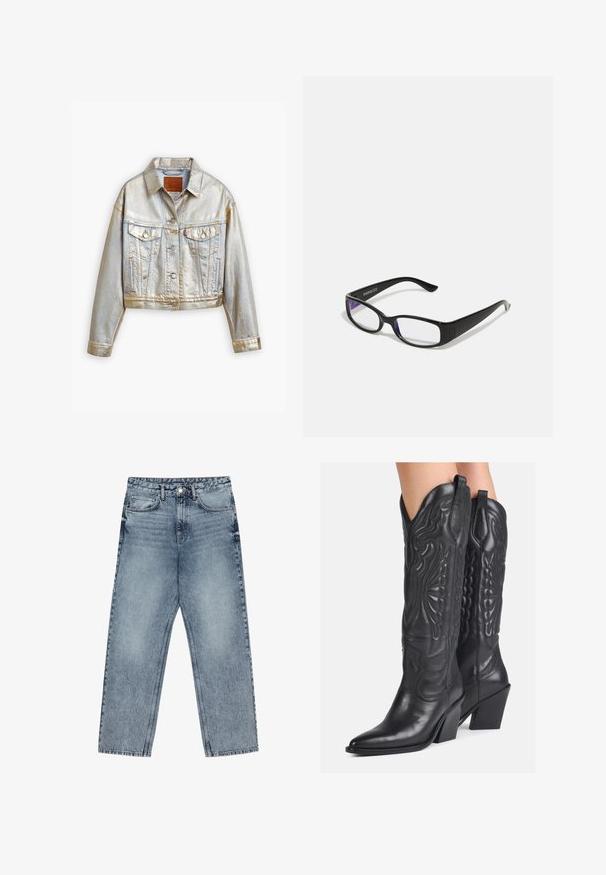 Silver metallic denim jacket, cropped design, pointed collar, front pockets with flaps, button closure, and visible stitching details.; Two sleeveless tops in black and white, made of ribbed cotton, featuring round necklines and a fitted design. Labels visible on both.; Light blue denim jeans with a straight leg cut, visible stitching, five pocket design, and a button closure at the waist.; Black leather cowboy boots with intricate embossed designs, pointed toe, and chunky heel. Features stitched accents and pull tabs.; Black rectangular glasses with clear lenses. Glossy finish, narrow arms, and purple tint visible at the edges of the lenses.