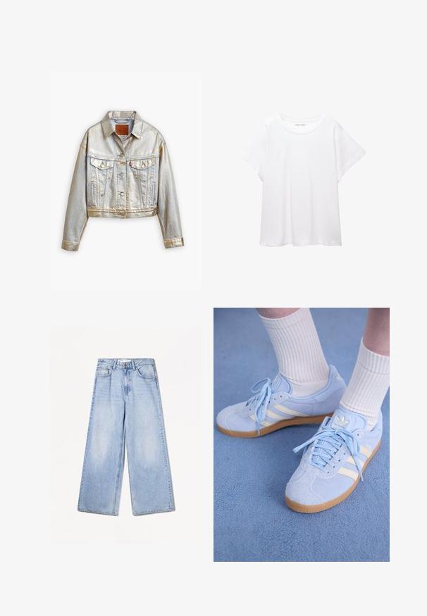 Jachetă din denim metalic argintie, design scurtat, guler ascuțit, buzunare frontale cu clapete, închidere cu nasturi și detalii de cusătură vizibile.; Tricou alb dintr-un material moale și ușor. Prezintă un decolteu rotund și mâneci scurte, largi, cu un croi lejer. Fără modele vizibile.; Bershka WIDE-LEG - Wide leg - light-blue denim; Tenisi din suede bleu deschis cu dungi albe, cu șireturi plate și talpă din cauciuc de tip gumă. Șosete albe cu model în dungi sunt purtate deasupra gleznei.