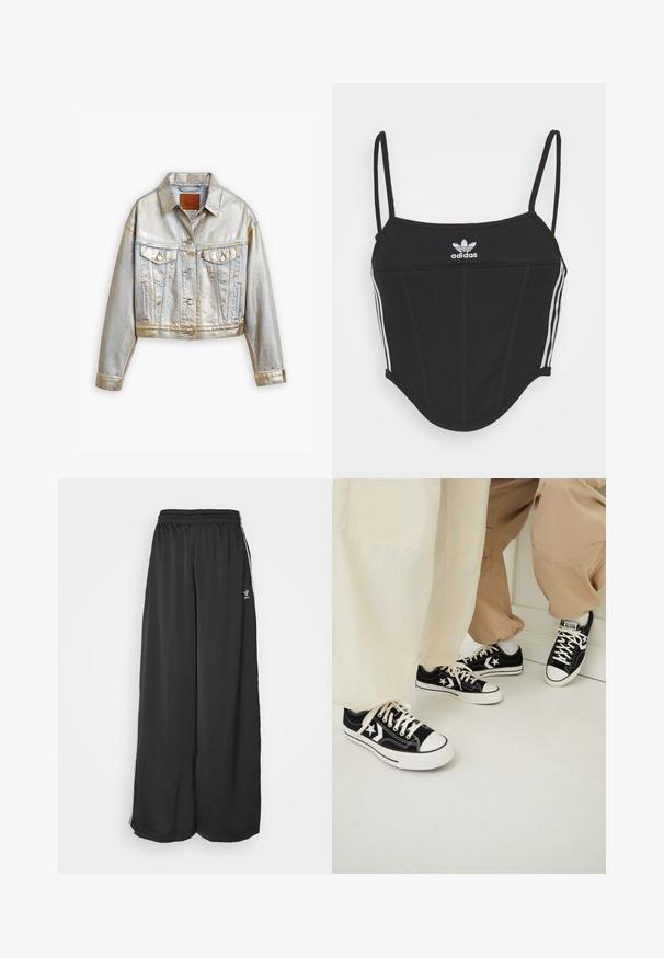 Srebrna metalik denim jakna, skrajšan dizajn, koničast ovratnik, sprednji žepi s poklopci, gumbasto zapiranje in vidne šivane podrobnosti.; Črn rebrast top s kratkimi rokavi in nastavljivimi tankimi naramnicami, ki ima tri bele črte na straneh in majhen bel Adidasov logotip na sredini.; Črne proste trenirke iz gladkega materiala. Imajo elastičen pas in stranske črte z logotipom.; Črne platnene superge z belimi gumijastimi podplati, ki imajo bele zvezdaste akcentne dodatke in črne vezalke, v kombinaciji s svetlo bež in kremnimi hlačami.