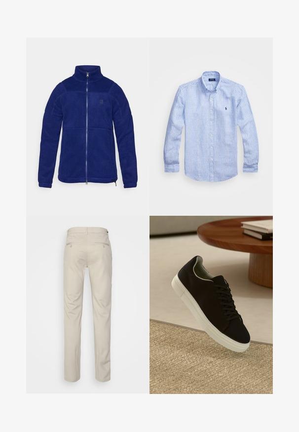 Tummansininen fleece-takki, jossa on korkea kaulus, täysi etuvetoketju ja logo rinnassa. Takissa on sileä pinta ja kontrastiväriset saumat.; Sininen ja valkoinen raidoitettu pitkähihaisen paita, joka on valmistettu puuvillasta. Paidassa on napillinen kaulus, etunapit ja pieni kirjailtu logo rinnassa.; Beige housut, joissa on sileä pinta, suora leikkaus, kaksi nappikiinnitteistä takataskua ja normaali vyötärö.; Musta lenkkari, jossa on valkoinen pohja, kelluu vaaleanbeige texturoituneen maton yllä pyöreän puupöydän vieressä, jonka päällä on pinottu kirjoja.