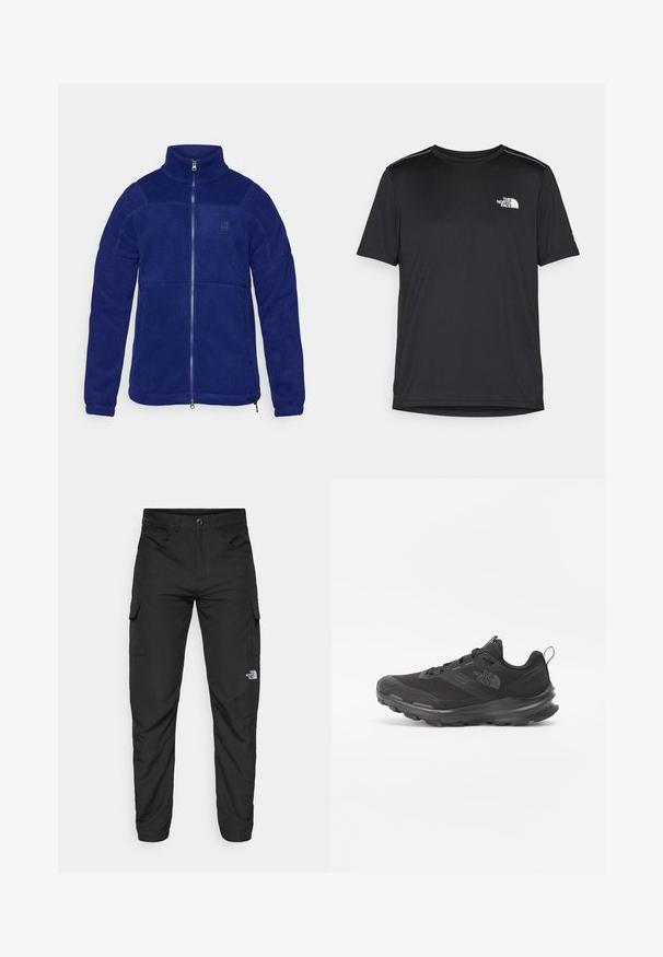 Marineblå fleecejakke med høy krage, full frontglidelås og logo på brystet. Har en jevn tekstur og kontrasterende sømmer.; Svart kortermet T-skjorte laget av lett materiale. Har en liten hvit logo på venstre bryst og subtile skulderdetaljer.; The North Face HORIZON PANT - Friluftsbukser - black; Svart treningssko med mesh-overdel, gummiyttersåle og polstret krage. Har snører, logo på siden og et teksturert design.