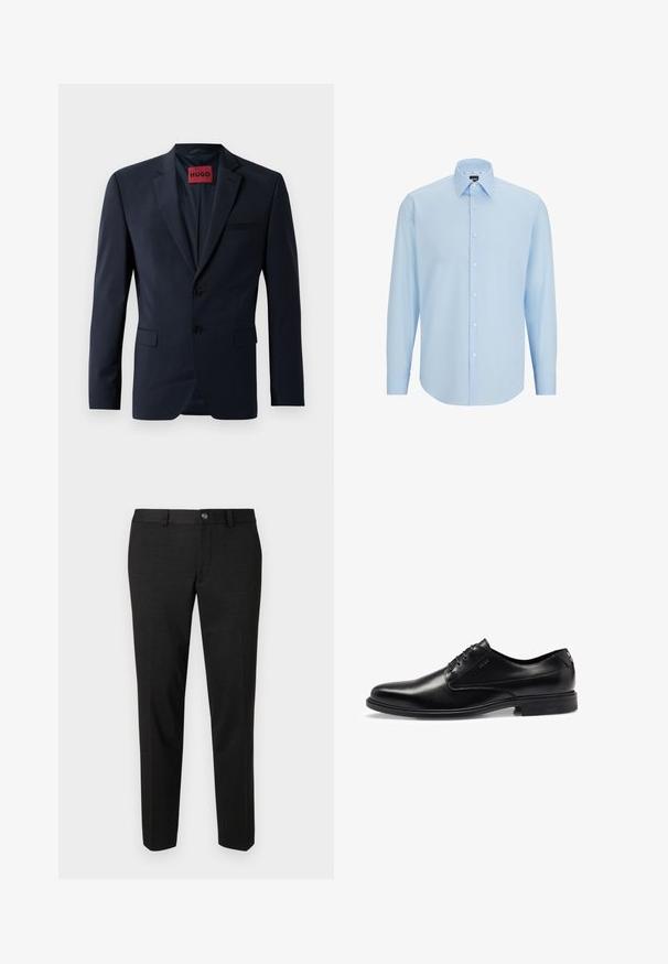 Tumes sinine bleiser kahe nupuga, klappi kraega ja küljetaskutega; sees on punane "HUGO" silt. Sile, struktureeritud kangas.; Hele sinine pikkade varrukatega kleidisärk, mis on valmistatud siledast kangast, millel on nööpidega eesmine osa, terav kaelus ja tavaline lõige.; Mustadest siledast kangast püksid. Neil on sirge lõige, lame esiosa ja nööbiga kinnitamine lihtsa talje disainiga.; Mustad musta nahast kleitking, millel on sile viimistlus, nööbid, ümar varvas ja peened õmblusdetailid. Omab musta kummist tallat.