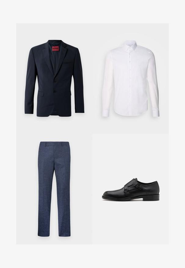Blazer azul marinho com dois botões, lapelas em pico e bolsos laterais; apresenta um rótulo vermelho "HUGO" no interior. Tecido suave e estruturado.; Camisa branca de manga longa com botões, feita de algodão, apresentando um colarinho clássico, botões frontais e um detalhe de costura minimalista.; Calças azul marinho feitas de um tecido texturizado, com pernas retas, frente lisa e dois bolsos laterais. Sem padrões ou acentos visíveis.; Sapato de pele preto com fivelas duplas, silhueta elegante e bico redondo. Apresenta um salto baixo e textura suave.