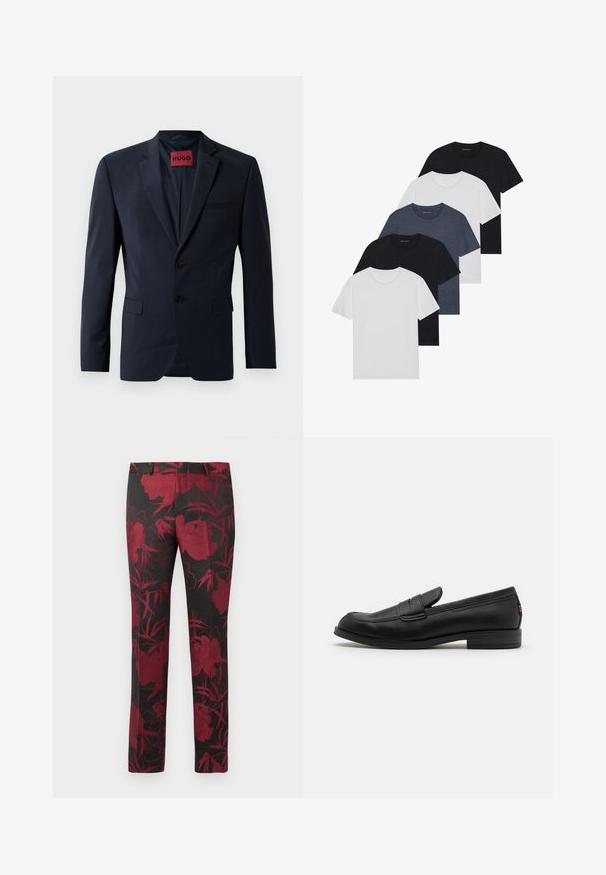 Navy blazer with two buttons, notch lapels, and side pockets; features a red "HUGO" label inside. Smooth, structured fabric.; Set of five t-shirts in black, white, and navy blue. Cotton fabric, short sleeves, crew neck design, and plain texture with no patterns.; Black pants featuring a floral pattern in deep red, with a smooth texture and tailored fit. Standard waistband and straight leg design.; Black leather loafers with a smooth finish, rounded toe, and a small decorative flap. Features a low stacked heel and subtle branding detail.