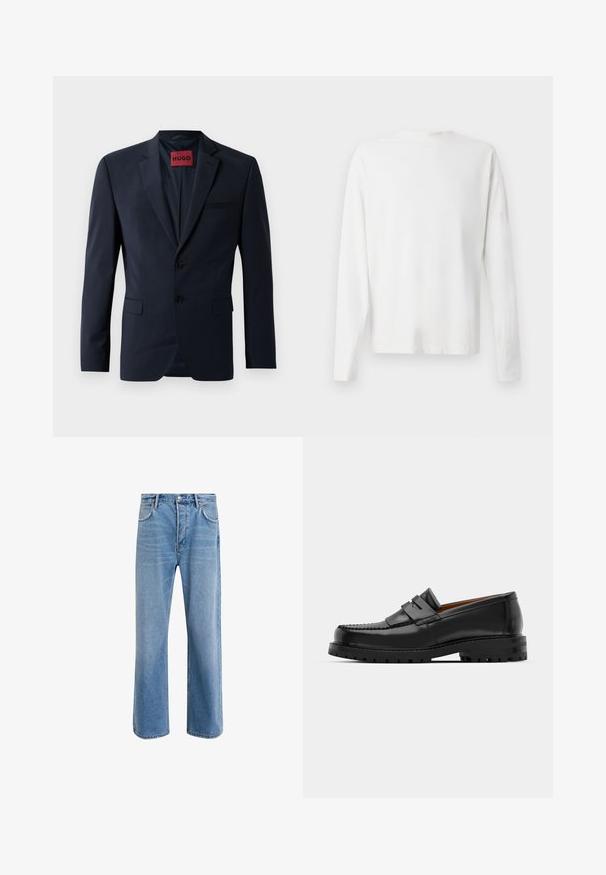 Marinblå blazer med två knappar, slagkrage och sidofickor; har en röd "HUGO" etikett inuti. Slät, strukturerad tyg.; Vit långärmad skjorta i bomull med rund halsringning, sidofickor längst ner och en slät yta, visad bakifrån.; Ljust blå denimjeans med rak passform, fem fickor, knappstängning, minimal blekning och kontrasterande sömdetaljer.; Svarta läderloafers har en upphöjd söm, två dekorativa remmar på ovansidan och en tjock texturerad sula för ökat grepp.