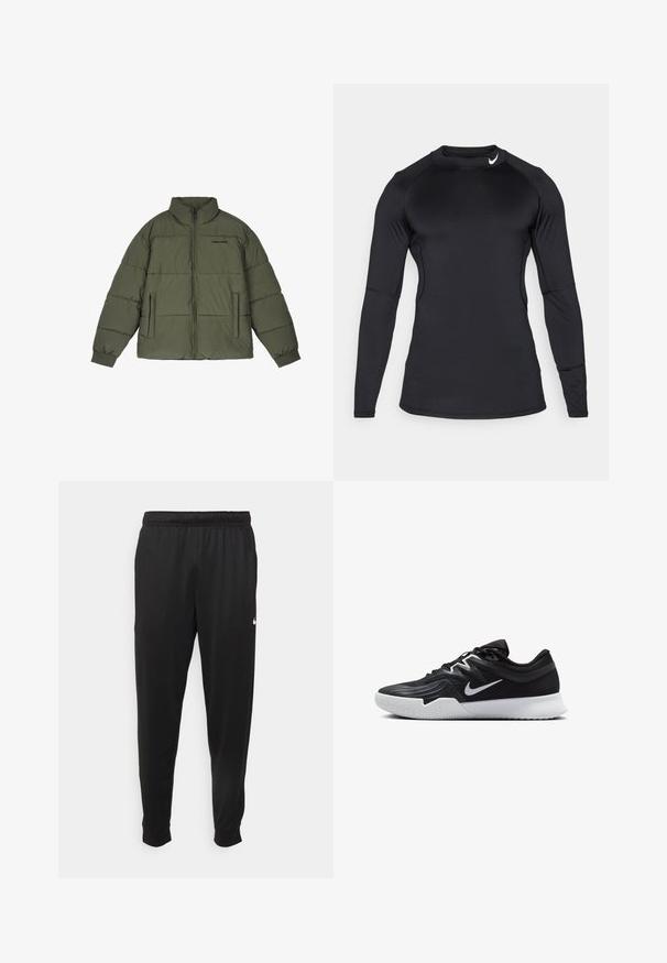 Maslinasto zeleni puffer jakna s visokim ovratnikom, prednjim patentnim zatvaračem i dva bočna džepa. Sadrži ušivene panele i rebraste manžete za dodatnu toplinu.; Crna dugorukava atletska majica izrađena od glatkog, rastezljivog materijala s okruglim izrezom i diskretnim logotipom u gornjem lijevom kutu.; Crne atletske hlače od glatkog materijala, s elastičnom pasicom, sužavajućim nogavicama i malim bijelim logom na lijevoj strani.; Crna sportska cipela s teksturiranim gornjim dijelom, bijelim Nike swooshom i bijelim gumennim potplatom. Ima dizajn s vezanjem i dinamičan oblik.