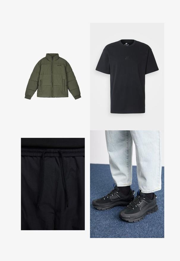 Olijf groene pufferjack met een hoge kraag, voorzijde rits en twee zijzakken. Heeft gestikte panelen en ribbelmanchetten voor extra warmte.; Zwarte katoenen t-shirt van Nike met een klassieke ronde hals, korte mouwen en een subtiele, reliëflogo op de borst. Gladde textuur.; Zwarte shorts met een drawstring tailleband, lichtgewicht stof met een zachte textuur en een eenvoudig ontwerp zonder zichtbare logo's of patronen.; Zwarte sportschoenen met gestructureerde stof en rubberen zolen, met elastische veters en een blauwe accent op de hiel. Draag samen met lichte spijkerbroeken.