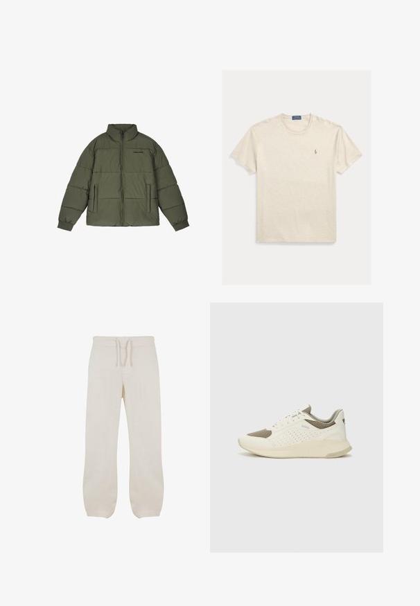 Olíva zöld puffermellény magas gallérral, elülső cipzárral és két oldalsó zsebbel. Varrott panelek és bordás mandzsetták biztosítják a meleget.; Bézs színű, rövid ujjú, pamut kerek nyakú póló, kis hímzett logóval a bal mellrészen. Puha textúra, laza szabás.; Világos bézs len nadrág, részben gumis derekkal és zsinórral. Egyenes szárú dizájn, sima textúrával és enyhe szűküléssel a bokák felé.; Fehér és világos bézs sportcipő, légies hálós felsőrésszel, perforált részletekkel és texturált középtalppal, amelyen a saroknál a márka logója található.