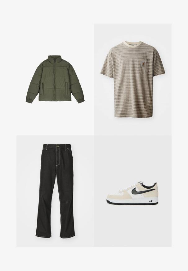 Oliven grønn pufferjakke med høy krage, front glidelås og to sidelommer. Har stikksømmer og ribbestrikkede mansjetter for varme.; Kortermet stripete t-skjorte i beige og brun, med rund hals og brystlomme med logopatch. Teksturert stoff.; Svarte denimbukser med løs passform, med kontrastfylt hvit søm, knappelukking og rett ben-design.; Sneakers med lys beige semsket skinn og hvit skinn-overdel, svart Nike swoosh, svarte detaljer, og en hvit gummisåle med "AIR" merke.