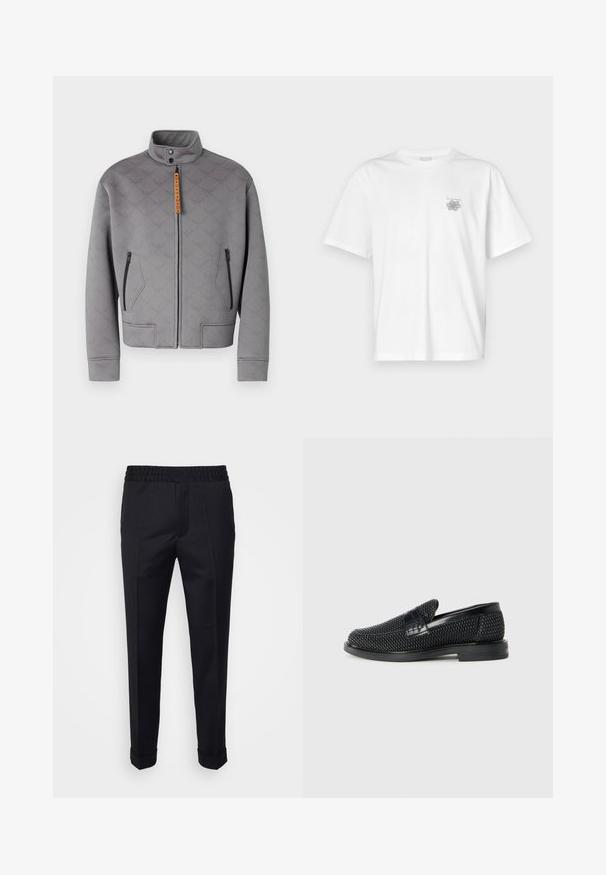 Pilkas užtrauktuku užsegamas džemperis su aukšta apykakle, turintis tekstūruotą raštą ir oranžinę furnitūrą. Apima dvi užtrauktuku uždaromas šonines kišenes ir tiesų kirpimą.; Balta medvilninė marškinėlių, su trumpomis rankovėmis, apykaklė nei per aukšta, nei per žema, ir mažas pilkas logotipas kairėje krūtinės pusėje. Lygi tekstūra.; Juodos kelnės, pagamintos iš lengvo audinio, su elastingu juosmeniu, šoninėmis kišenėmis ir sukrižiuotais rankogaliais. Lygus paviršius su priekine klostė.; Juodas pintas slip-on tipo batelis su lygiu odiniu akcentu viršuje, apvalios nosies dizainas ir žemas guminis padas.