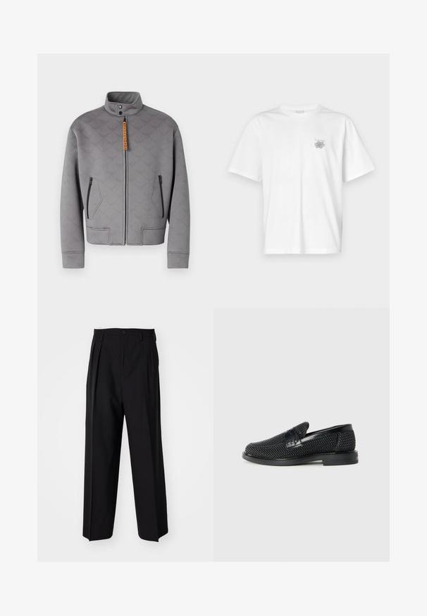 Gray zip-up jacket with high collar, featuring a textured pattern and orange hardware. Includes two zippered side pockets and a straight cut.; White t-shirt made of cotton featuring short sleeves, a crew neck, and a small gray logo on the left chest area. Smooth texture.; Black pleated trousers with a straight, wide-leg design. Made from smooth fabric, featuring a button closure and belt loops.; Black woven slip-on shoe with a smooth leather accent on the upper, a round toe design, and a low-profile rubber sole.