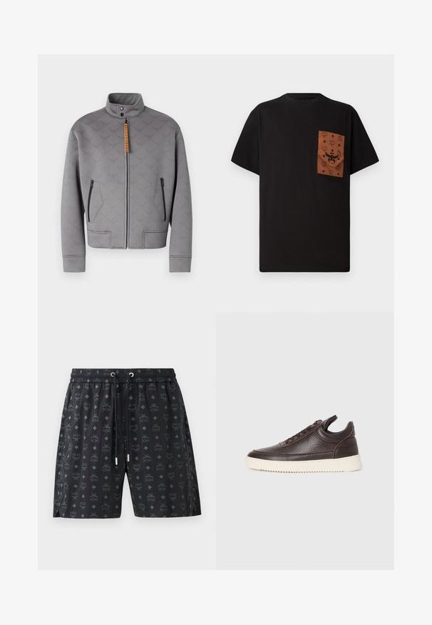 Gray zip-up jacket with high collar, featuring a textured pattern and orange hardware. Includes two zippered side pockets and a straight cut.; Black T-shirt with a brown pocket featuring an embossed pattern and logo. Short sleeves and round neckline. Cotton fabric, casual fit.; Black swim shorts featuring a repeated logo pattern and diamond shapes. Made of lightweight material, with an elastic waistband and drawstring.; Dark brown textured leather sneaker with lace-up front and white ridged rubber sole on a plain light background.