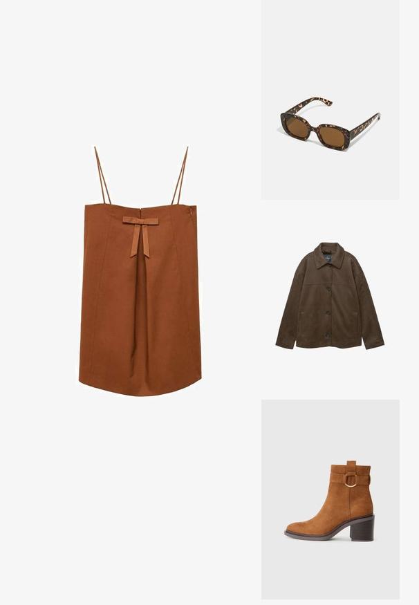 Smeđa suede jakna s ovratnikom, zatvaranjem na gumbe i bočnim džepovima. Ima glatku teksturu i jednostavan, moderni dizajn.; Smeđa haljina bez rukava s tankim trakama, prednjim naborom i dekorativnom mašnom u struku, dužine do koljena s bočnim zatvaračem.; Smeđa antilop čizma do gležnjeva s okruglim vrhom, blok potpeticom i dekorativnom trakom s detaljem kružne kopče.; Tortoiseshell naočale s okvirima u obliku kruga i debelom konstrukcijom, te smešnim lećama. Imaju suptilne uzorke i ravne, sužene nogice.; Crna torba s oblikom koji sadrži strukturu, glađu teksturu i metalnu kopču. Uparena s širokim crnim hlačama i sandalama na otvorenom s drvenog poda.