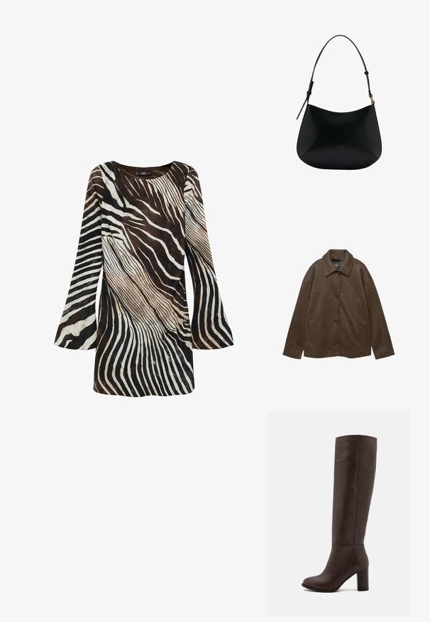 Rjava usnjena jakna z ovratnikom, gumbnim zapiranjem in stranskimi žepi. Ima gladko teksturo in preprost, moden dizajn.; Dolga obleka v rjavi in krem barvi s potiskom v zebrine črte. Mehak material, razširjene rokave in okroglo izrez.; Rjave usnjene škornje do kolen s blok peto, gladko teksturo, zaokroženim nosom in minimalnimi šivi.; Črna usnjena torba za ramo z gladko teksturo, ukrivljeno obliko in nastavljivim ročajem. Ima minimalno šivljenje in preprost dizajn.