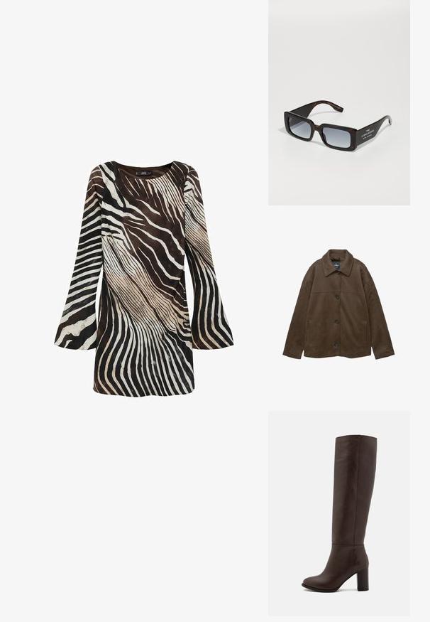 Jachetă din suede brun cu guler, închidere cu nasturi și buzunare laterale. Prezintă o textură netedă și un design simplu, modern.; Rochie cu mânecă lungă în nuanțe de brown și crem, cu un model de dungi de zebra. Material moale, mâneci evazate și decolteu rotund.; Botă din piele maro, până la genunchi, cu toc bloc, textură netedă, vârf rotund și detalii de cusătură minime.; Ochelari de soare supradimensionați cu carapace și un filt ru gri. Aceștia au un design rectangular al ramei și text de marcă alb pe tâmplă.