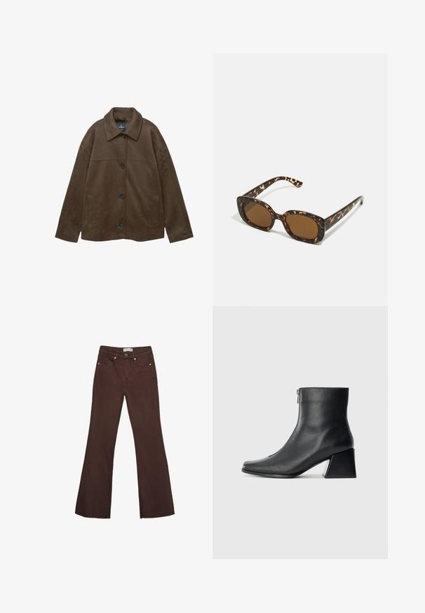Rjava usnjena jakna z ovratnikom, gumbnim zapiranjem in stranskimi žepi. Ima gladko teksturo in preprost, moden dizajn.; Rjava kratka majica s kratkimi rokavi iz mehkega materiala, s krožnim izrezom in ohlapnim krojem. Brez vidnih vzorcev ali dodatkov.; Rjavi široki traper hlače, narejene iz denima, z visokim pasom, dvema sprednjima žepoma in bakrenimi dodatki na pasu ter odprtinah žepov.; Črne usnjene gležnjarice s kvadratnim nosom, stranskim zadrgo in blok peto na enostavni svetli podlagi.; Sončna očala iz kornjačine s poudarjenim, okroglim okvirjem in rjavimi lečami. Imajo subtilne vzorce in ravne, zožene ročke.; Rjava usnjena torba z nabranim vrhom in verižnim trakom. Gladka tekstura z sijajno površino in subtilnimi šivi na straneh.