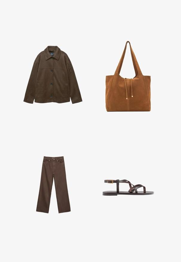 Brązowa skórzana kurtka z kołnierzykiem, z zapięciem na guziki i bocznymi kieszeniami. Charakteryzuje się gładką teksturą oraz prostym, nowoczesnym designem.; Brązowa koszulka z krótkim rękawem, wykonana z miękkiego materiału, z okrągłym dekoltem i luźnym krojem. Brak widocznych wzorów lub akcentów.; Szerokie brązowe dżinsy wykonane z denimu, z wysokim stanem, przednimi kieszeniami i klasycznym zapięciem na guzik. Gładka faktura z subtelnym przeszyciem.; Brązowe skórzane sandały z krzyżującymi się paskami, zapięciem na klamrę przy kostce oraz płaską podeszwą z minimalnymi detalami szycia.; Brązowa torba tote z zamszu z dwoma długimi paskami, zamknięciem na sznurek i minimalistycznym wzornictwem. Gładka tekstura i brak widocznych akcentów metalowych.