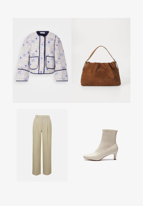 Quilted jacket in cream fabric with blue geometric patterns. Features rounded neckline, navy trim, and two front patch pockets.; Knitted sweater in cream and dark brown. Features a geometric pattern, ribbed neckline and hem, long sleeves, and a cropped cut.; Beige wide-leg trousers made of smooth fabric, featuring front pleats, a tailored waistband, and side pockets. Clean hem finish.; White ankle boot made of smooth leather with a pointed toe and a short, tapered heel. Features a minimalist design and seamless upper.; Brown suede handbag with a gathered design, featuring a single tan leather strap and a subtle gold logo detail on the front.