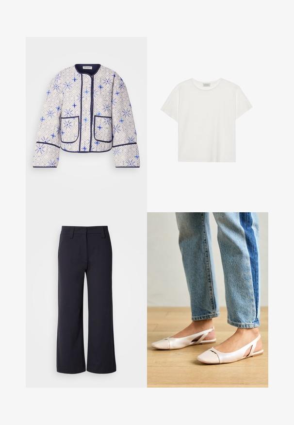 Quilted jacket in cream fabric with blue geometric patterns. Features rounded neckline, navy trim, and two front patch pockets.; White short-sleeve T-shirt made of soft cotton. Features a round neckline and relaxed fit. Clean design with no visible patterns or accents.; Wide-leg trousers in dark navy fabric. Features a flat front, belt loops, and side pockets. The material is smooth with a slight stretch.; Pale pink slingback flats with a pointed toe, made from a smooth leather-like material. Features cut-out details at the sides and a flat heel.